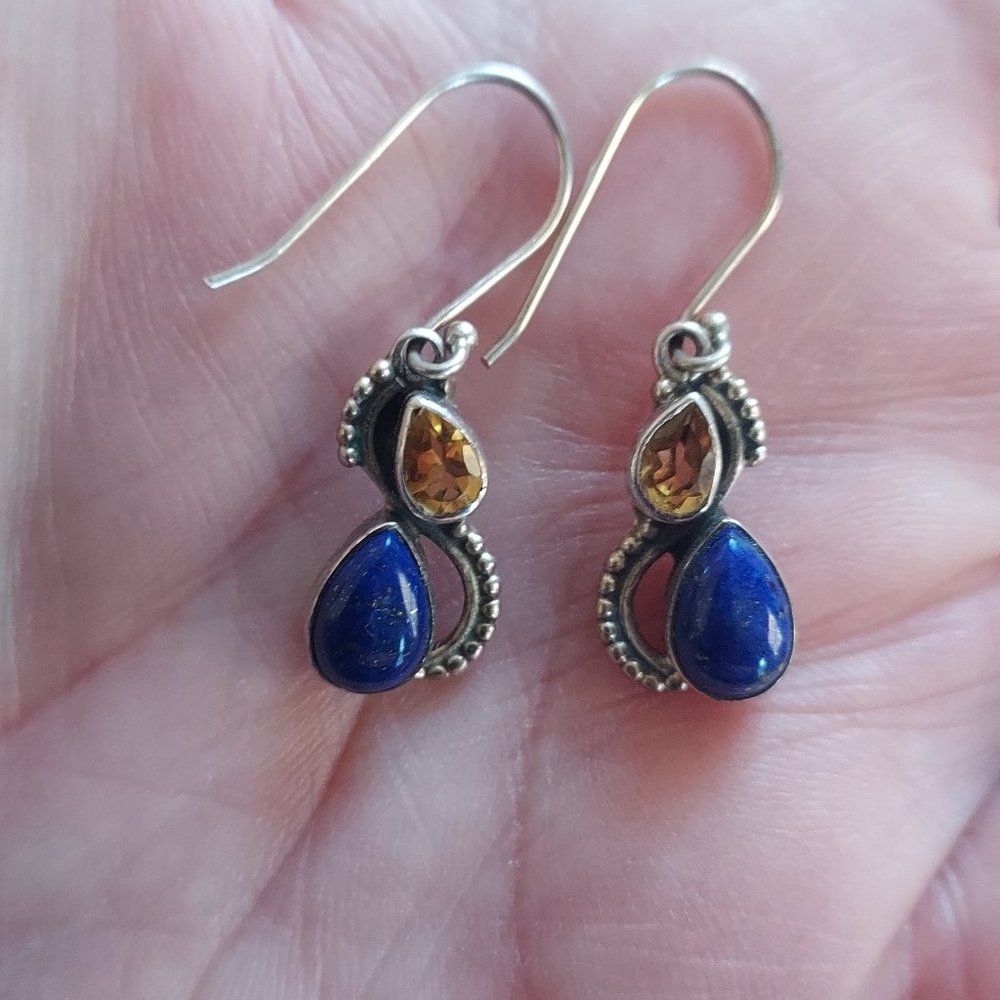 Lapis Citrine Sterling Silver Dangle Earrings .925 Swirl Details